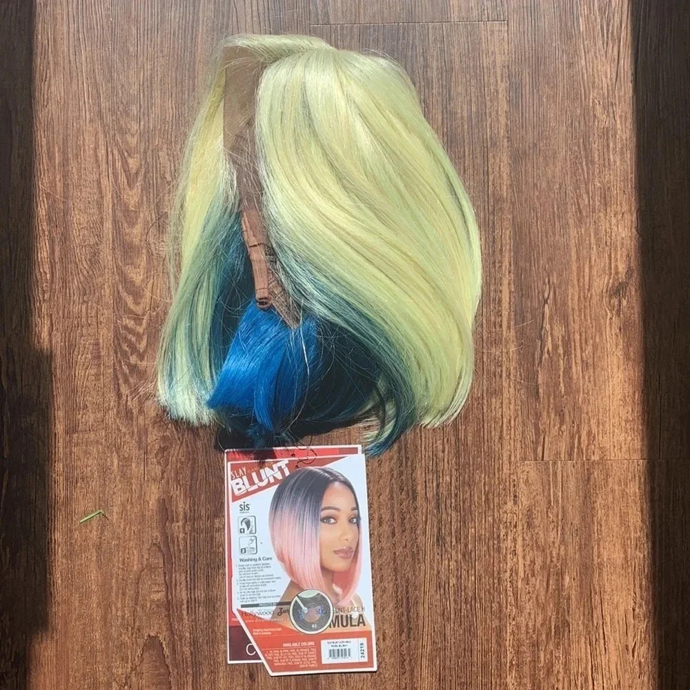 Blunt Bob Lace Front Wig Center Part Blonde, Blue Pixel New